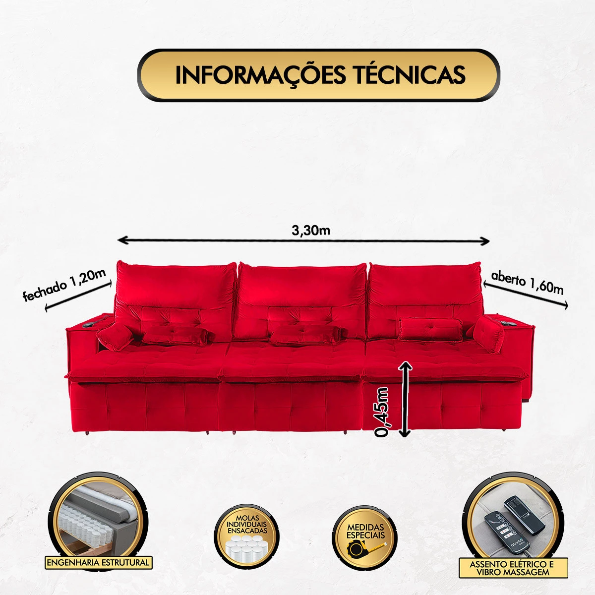 Sofá Fusion 3,30m Elétrico com USB e Vibro Massagem - Vermelho
