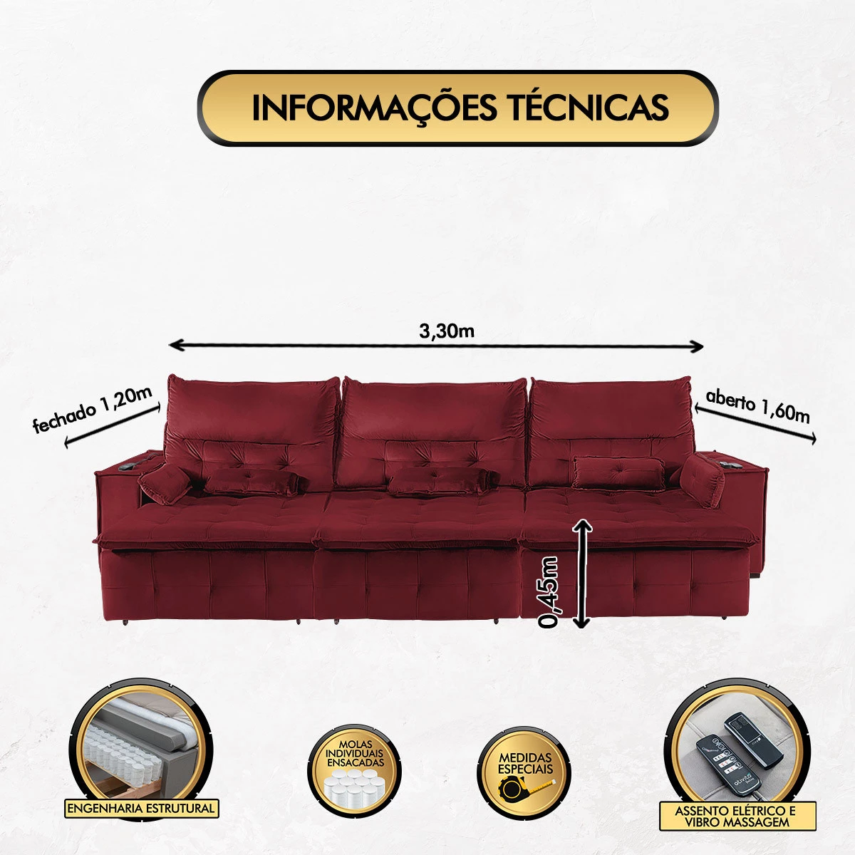 Sofá Fusion 3,30m Elétrico com USB e Vibro Massagem - Vinho