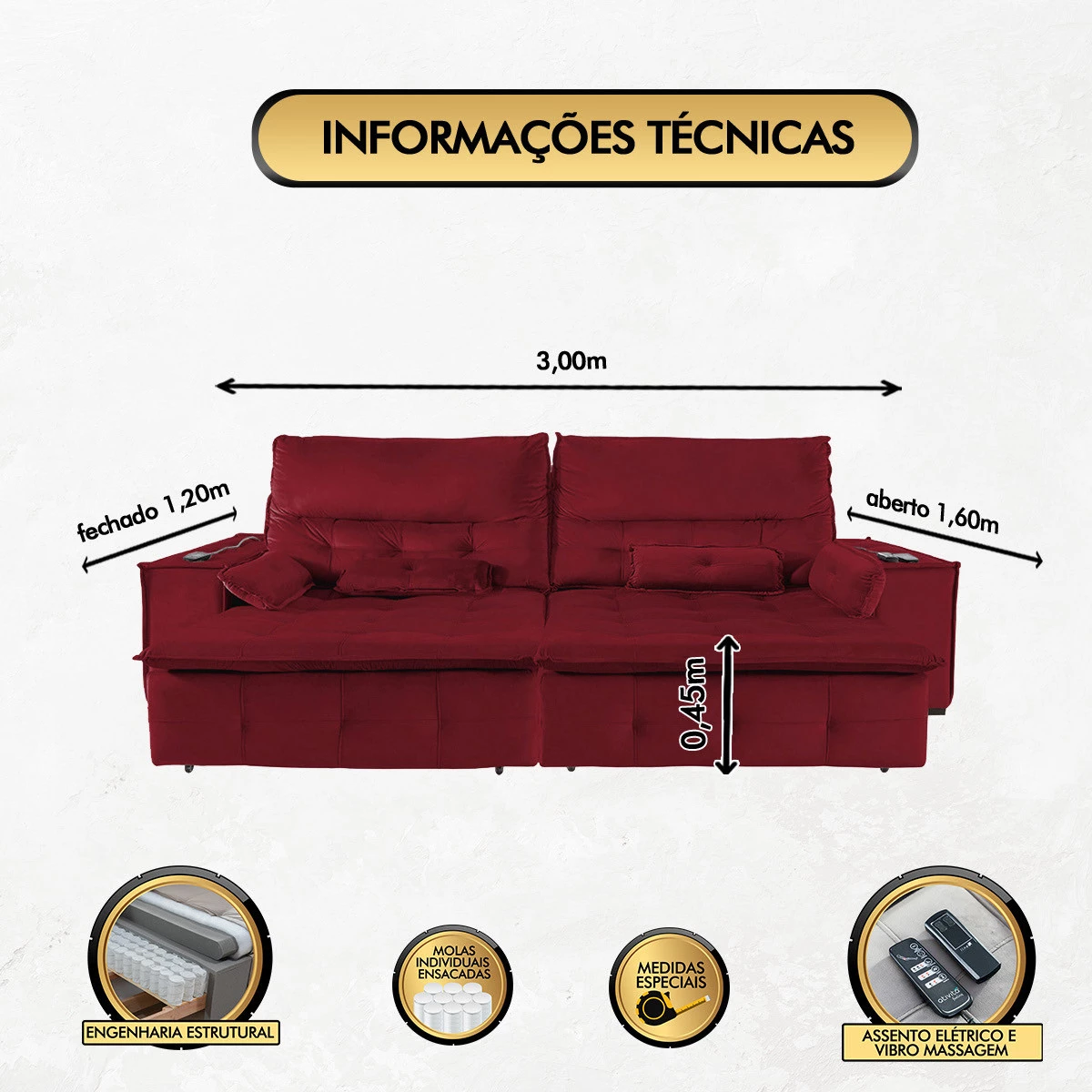 Sofá Fusion 3,00m Elétrico com USB e Vibro Massagem