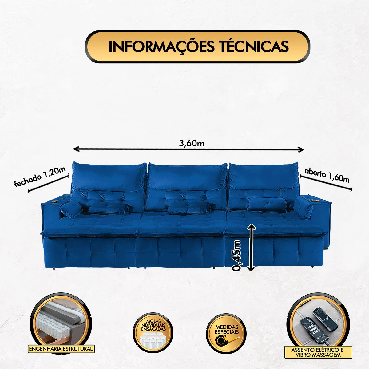 Sofá Fusion 3,60m Elétrico com USB e Vibro Massagem - Azul