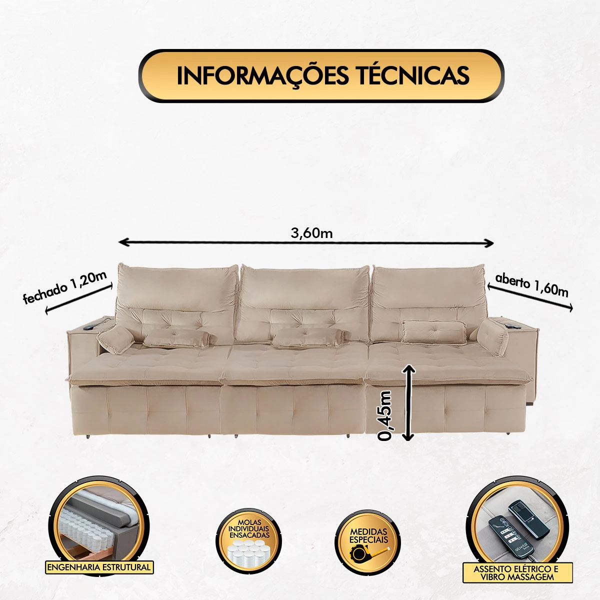 Sofá Fusion 3,60m Elétrico com USB e Vibro Massagem - Bege