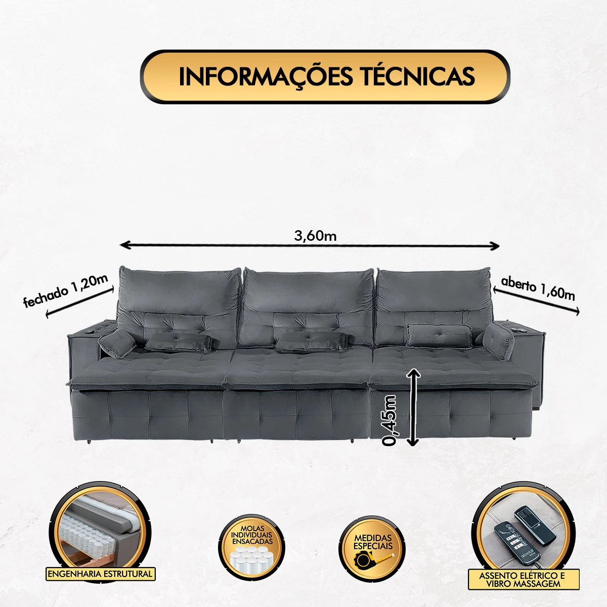 Sofá Fusion 3,60m Elétrico com USB e Vibro Massagem - Chumbo