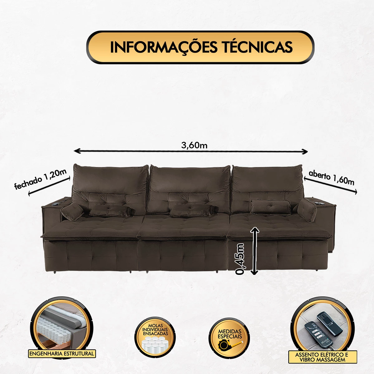 Sofá Fusion 3,60m Elétrico com USB e Vibro Massagem - Marrom