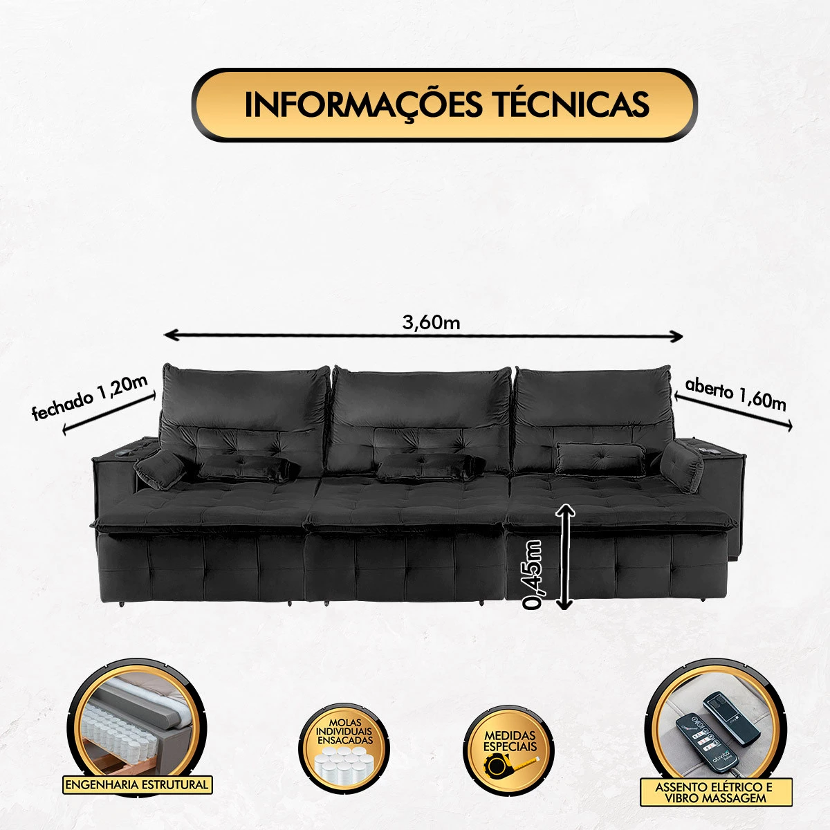 Sofá Fusion 3,60m Elétrico com USB e Vibro Massagem - Preto