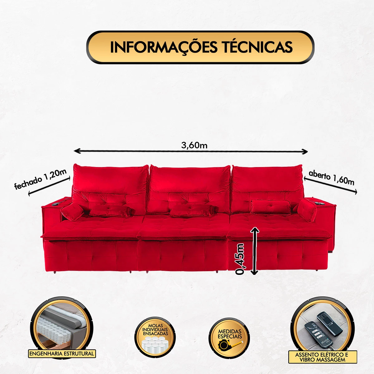 Sofá Fusion 3,60m Elétrico com USB e Vibro Massagem - Vermelho