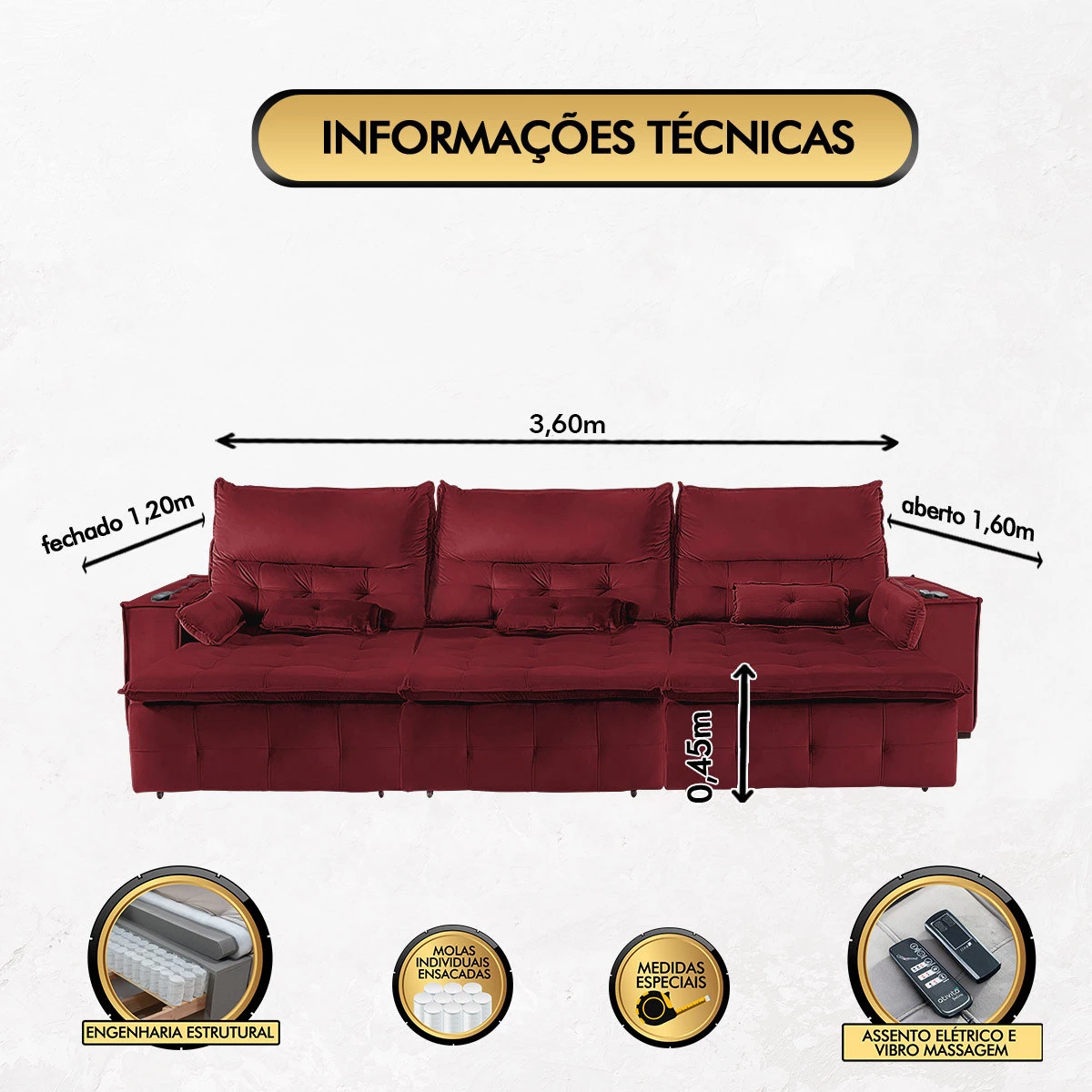 Sofá Fusion 3,60m Elétrico com USB e Vibro Massagem - Vinho