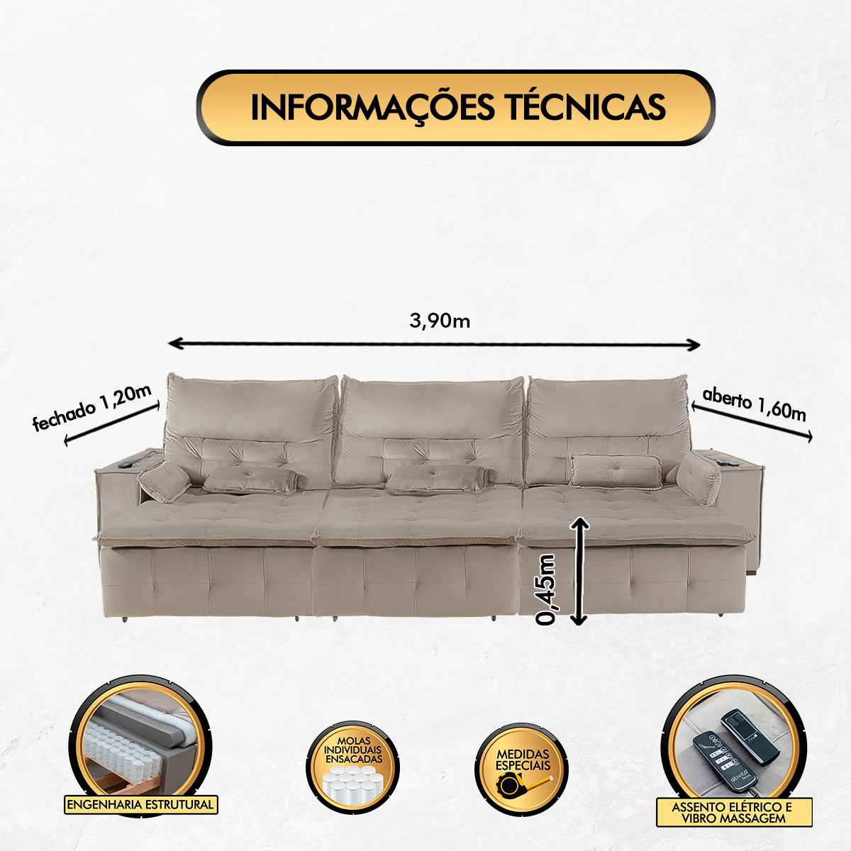 Sofá Fusion 3,90m Elétrico com USB e Vibro Massagem - Avelã