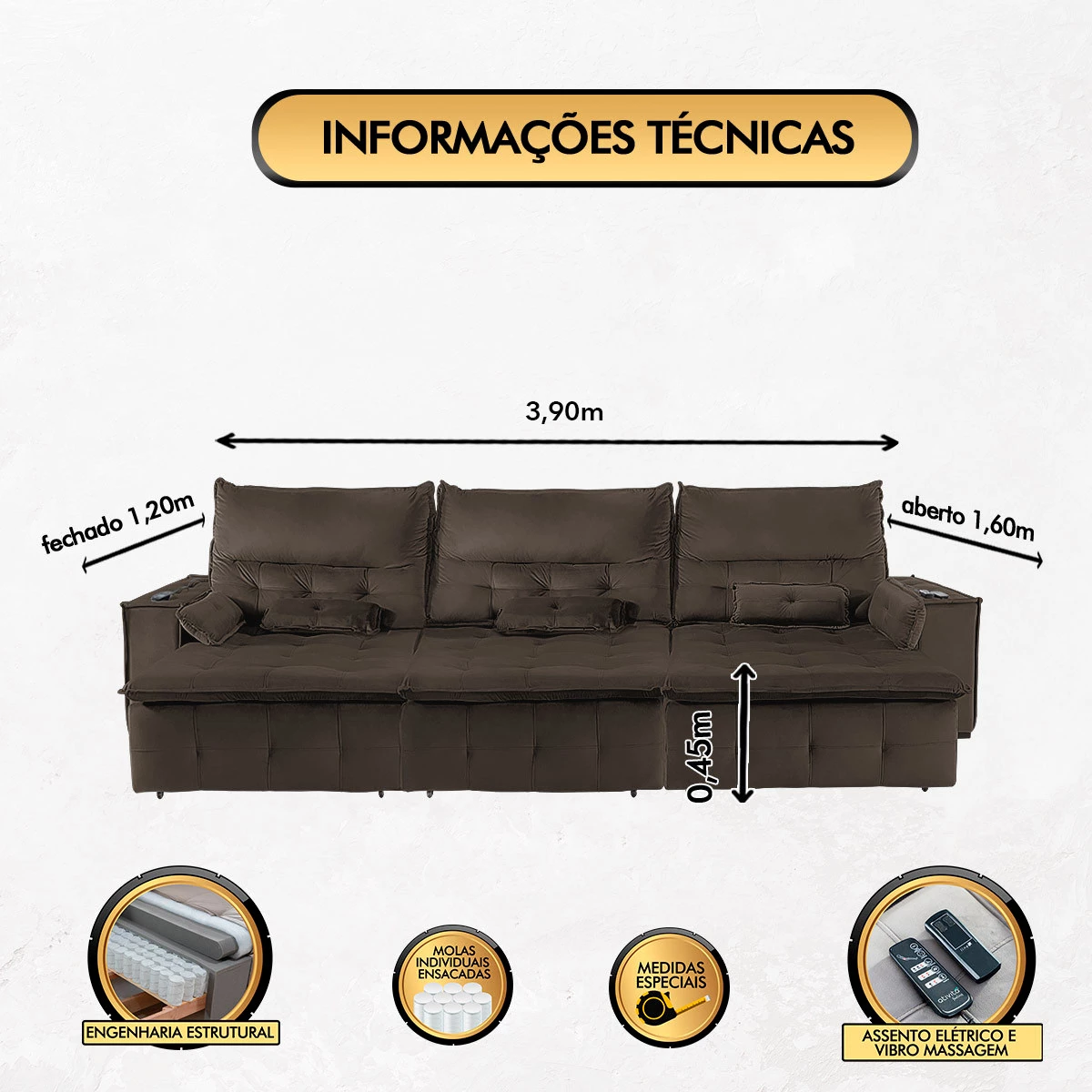 Sofá Fusion 3,90m Elétrico com USB e Vibro Massagem - Marrom