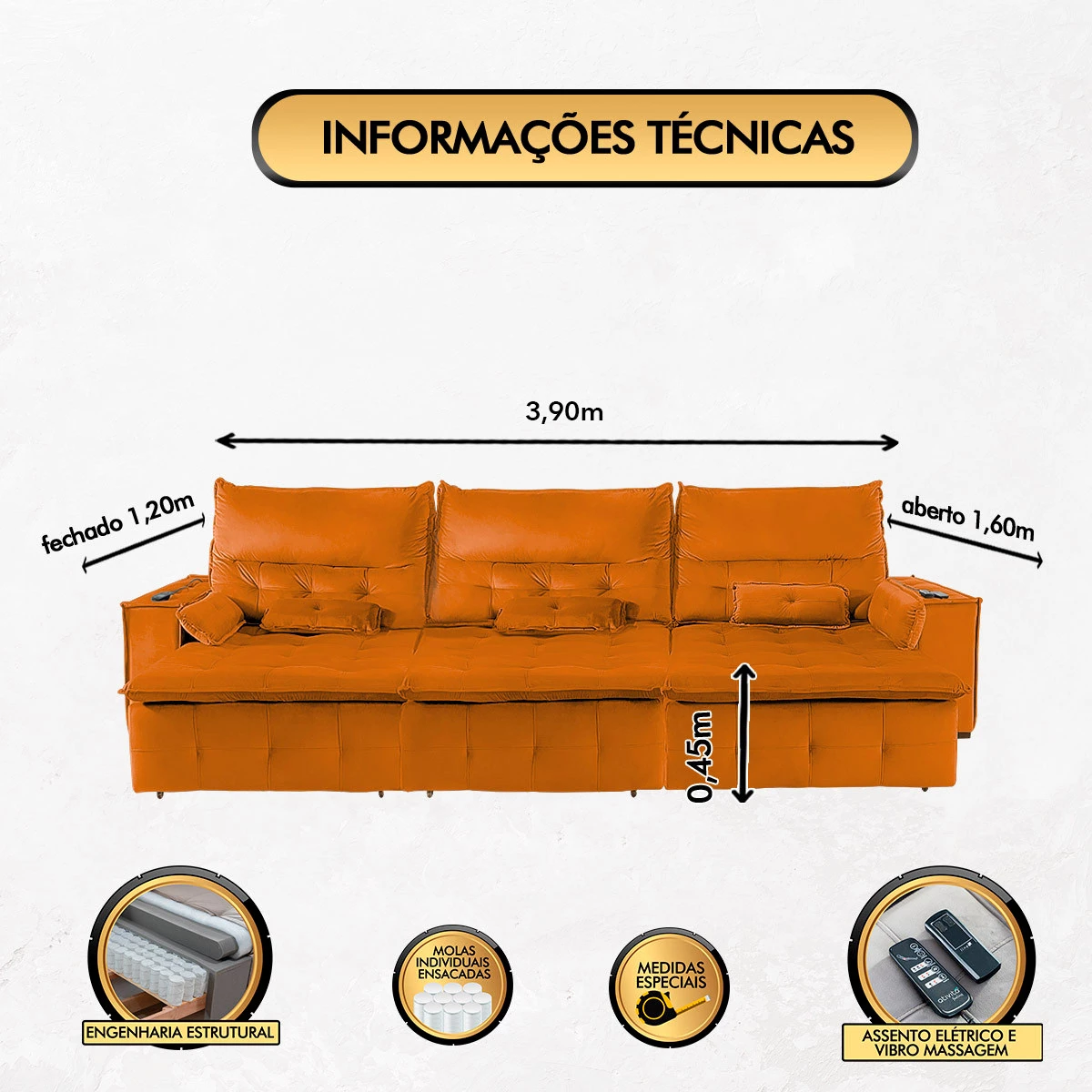 Sofá Fusion 3,90m Elétrico com USB e Vibro Massagem - Terra