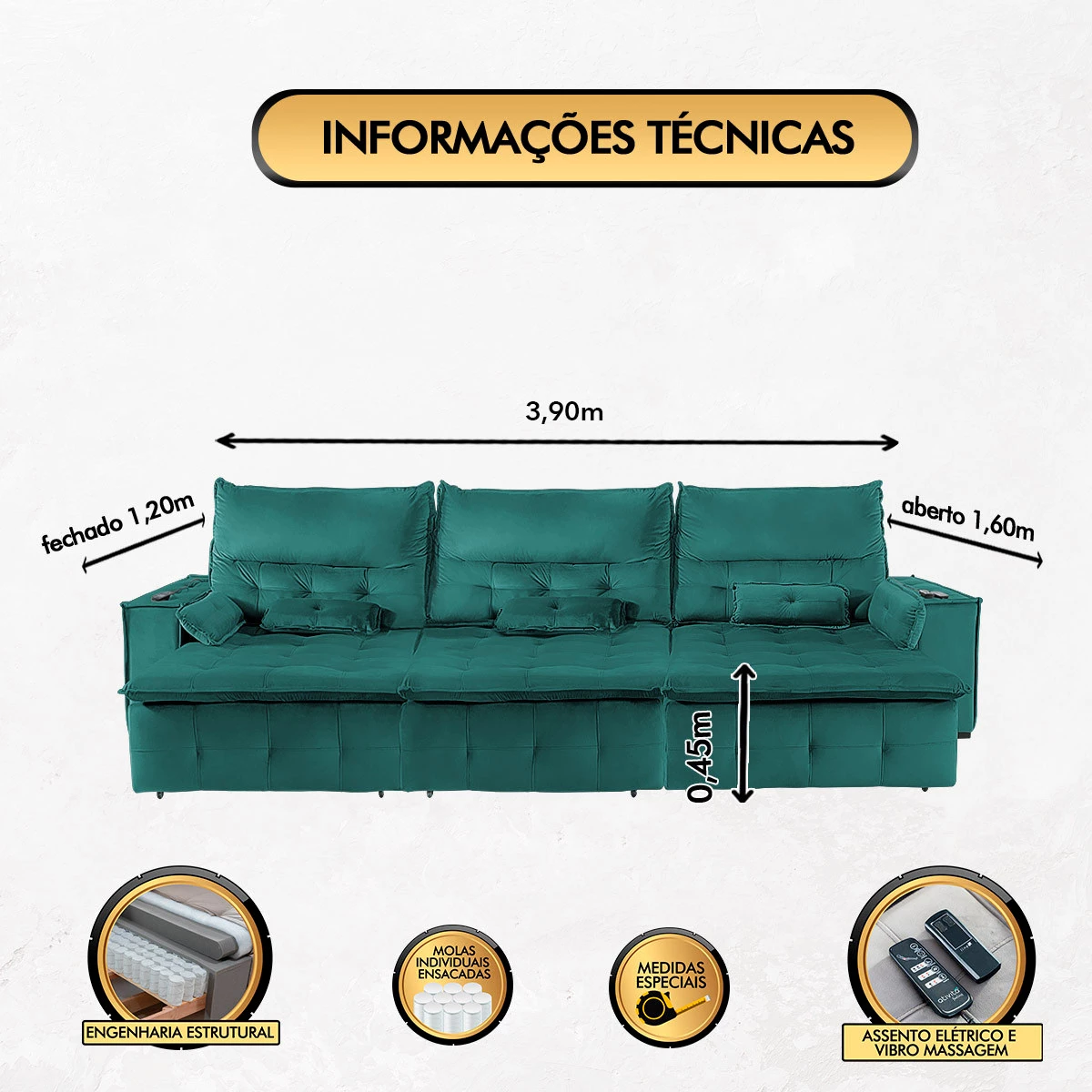 Sofá Fusion 3,90m Elétrico com USB e Vibro Massagem - Verde