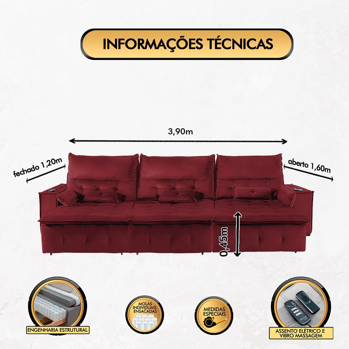 Sofá Fusion 3,90m Elétrico com USB e Vibro Massagem - Vinho