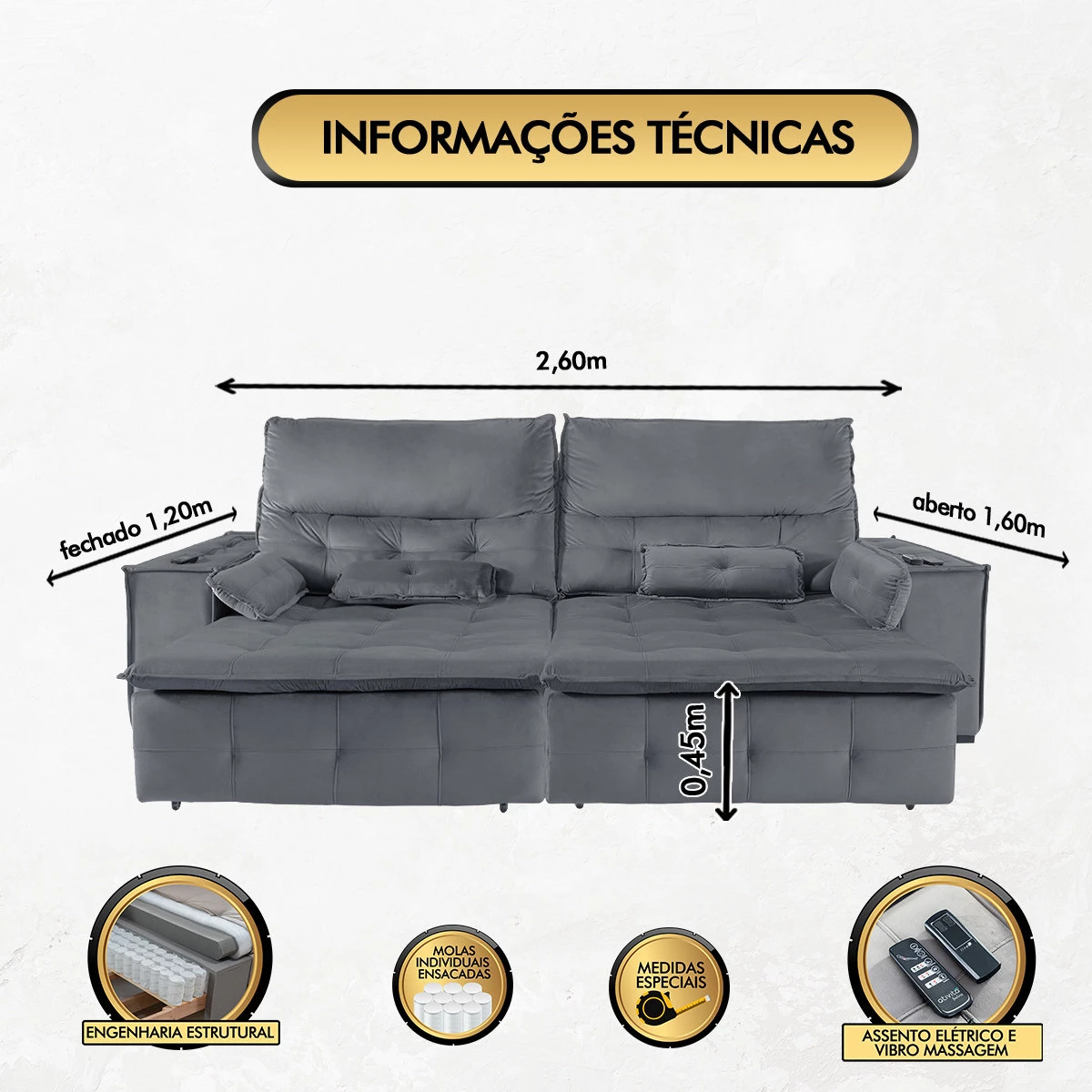 Sofá Fusion 2,60m Elétrico com USB e Vibro Massagem - Chumbo