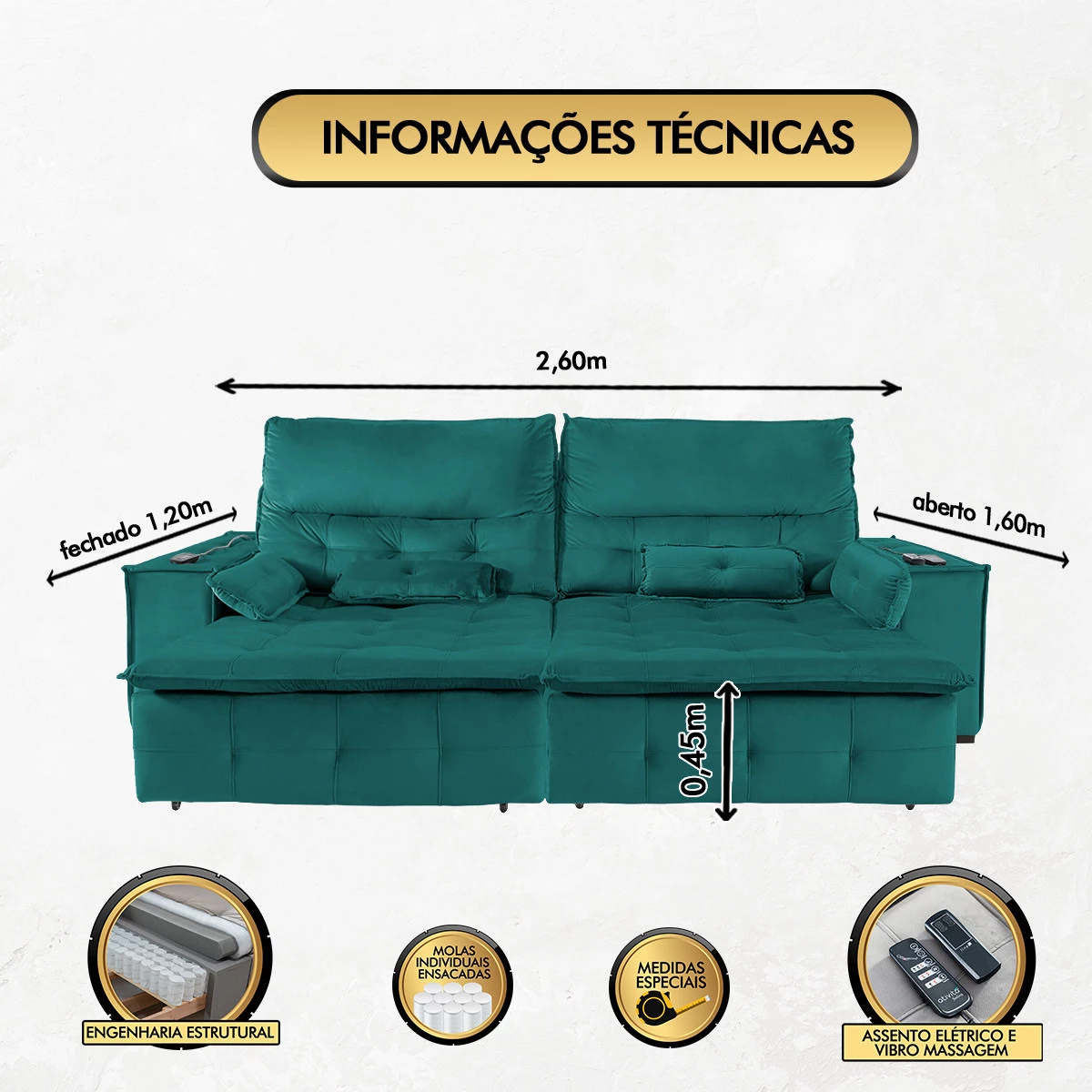 Sofá Fusion 2,60m Elétrico com USB e Vibro Massagem - Verde