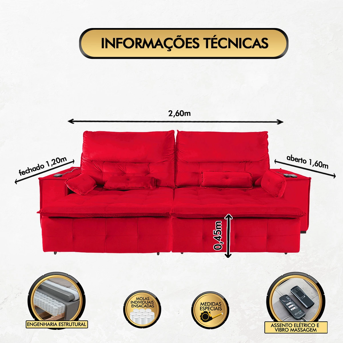 Sofá Fusion 2,60m Elétrico com USB e Vibro Massagem - Vermelho