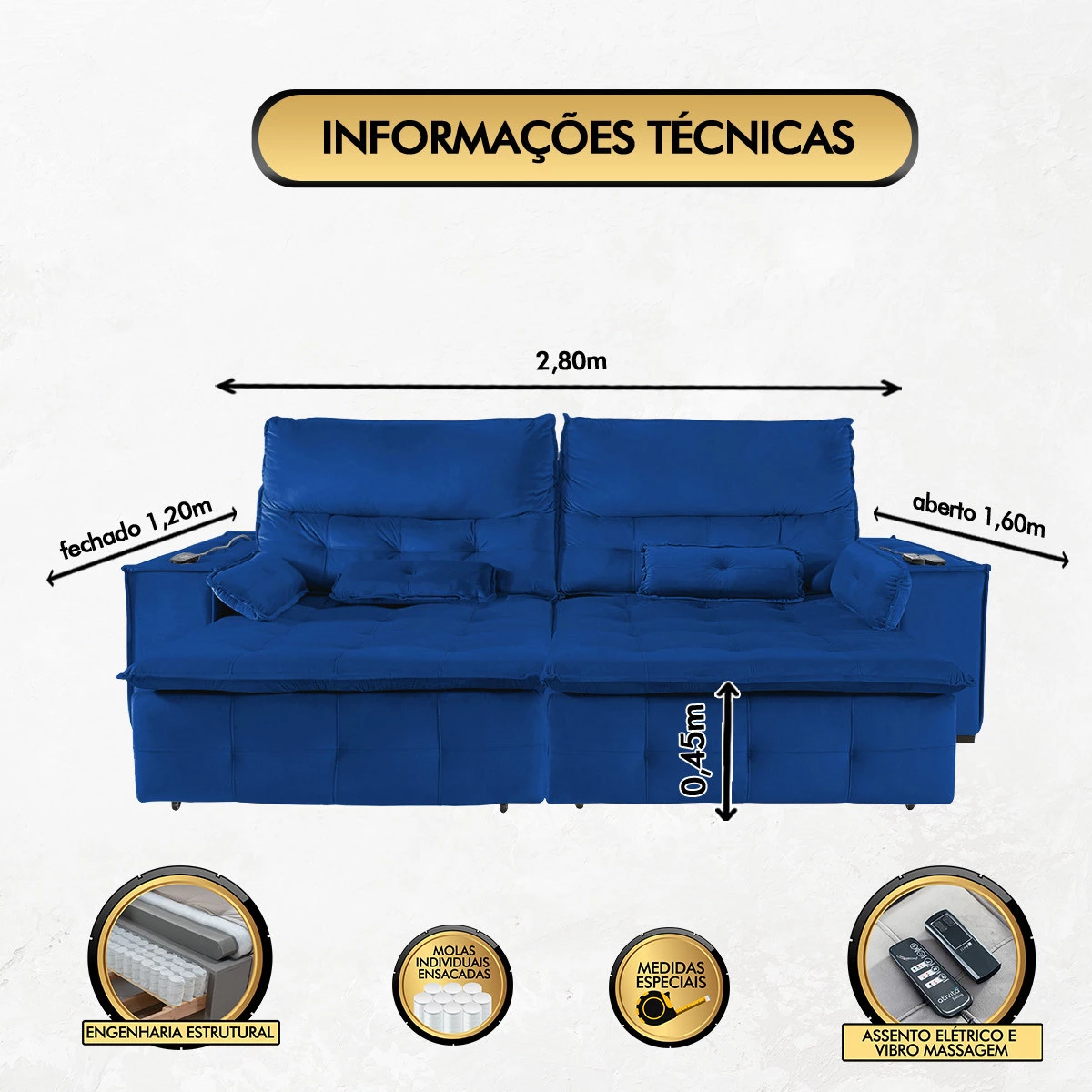 Sofá Fusion 2,80m Elétrico com USB e Vibro Massagem - Azul