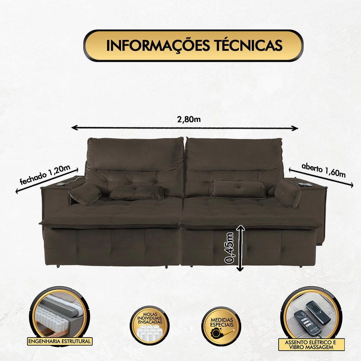 Sofá Fusion 2,80m Elétrico com USB e Vibro Massagem - Marrom