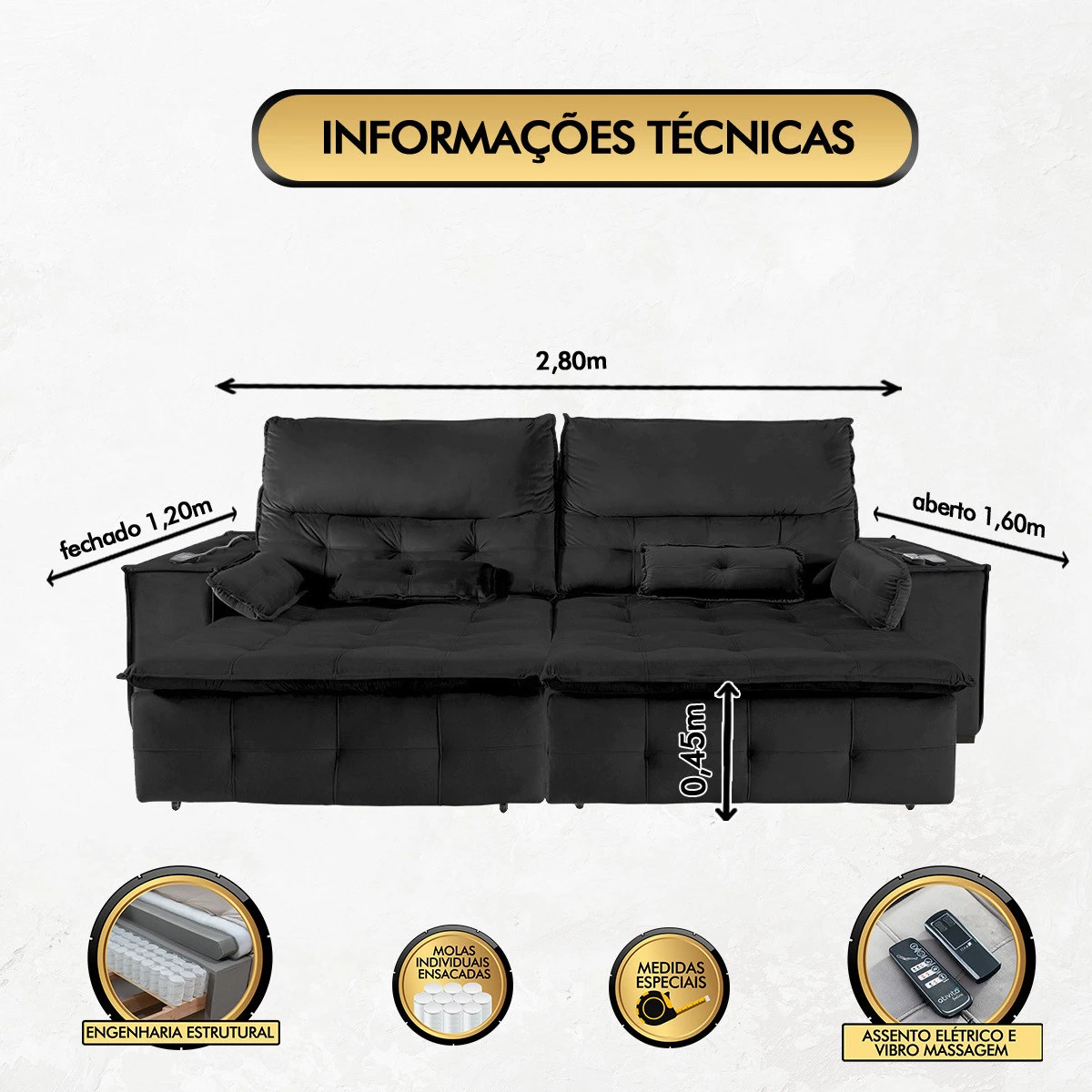 Sofá Fusion 2,80m Elétrico com USB e Vibro Massagem - Preto
