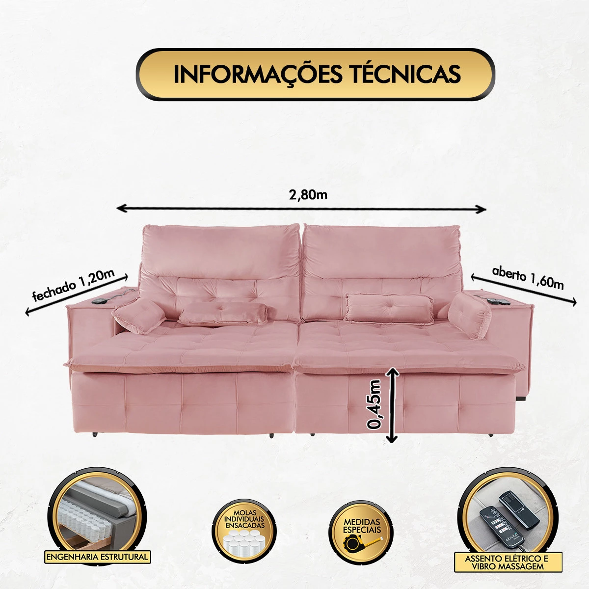 Sofá Fusion 2,80m Elétrico com USB e Vibro Massagem - Rosê