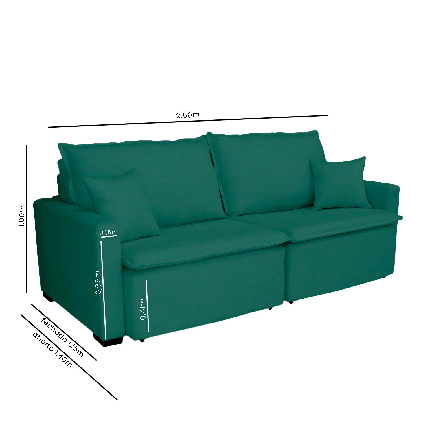 Sofá Cama Tóquio Com Almofadas Soltas 2,50m-verde