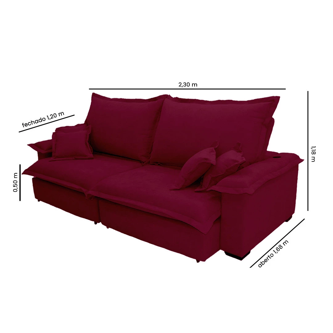 Sofá Paris 2,30m Retrátil e Reclinável Super Pillow  -vinho