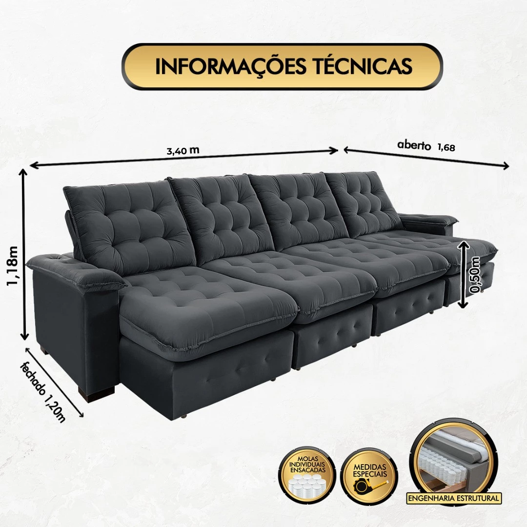 Sofá Coliseu 3,40m Retrátil e Reclinável Super Pillow - Chumbo
