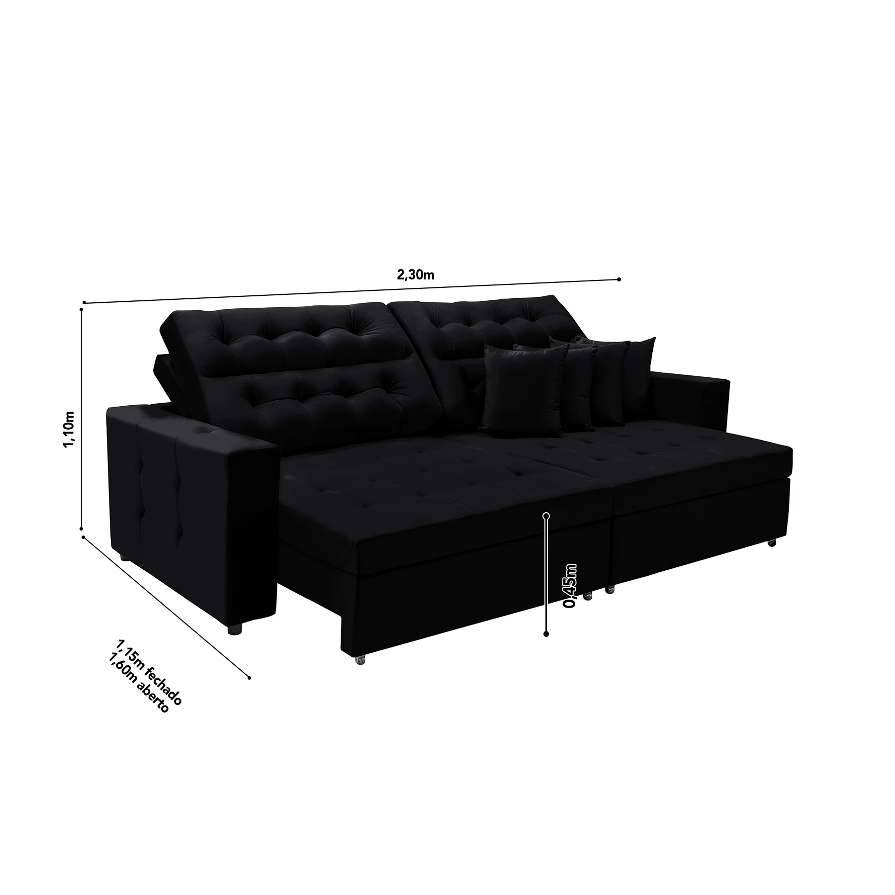 Sofá Texas 2,30m Retrátil e Reclinável - Preto