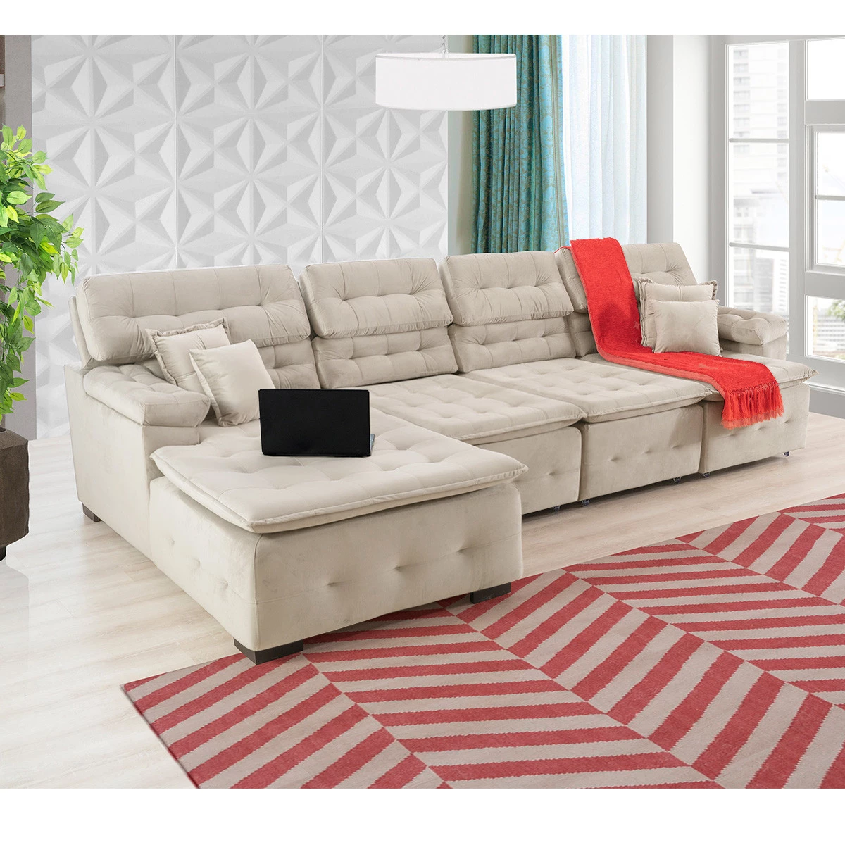 Sofá Orlando 3,45x1,90m com Chaise, Retrátil e Reclinável - Bege