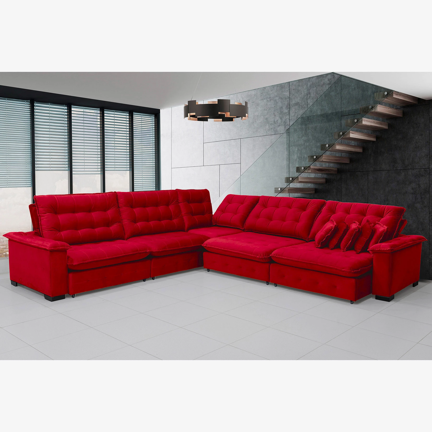 Sofá Manchester 3,83x3,83m de Canto, Retrátil e Reclinável - Vermelho