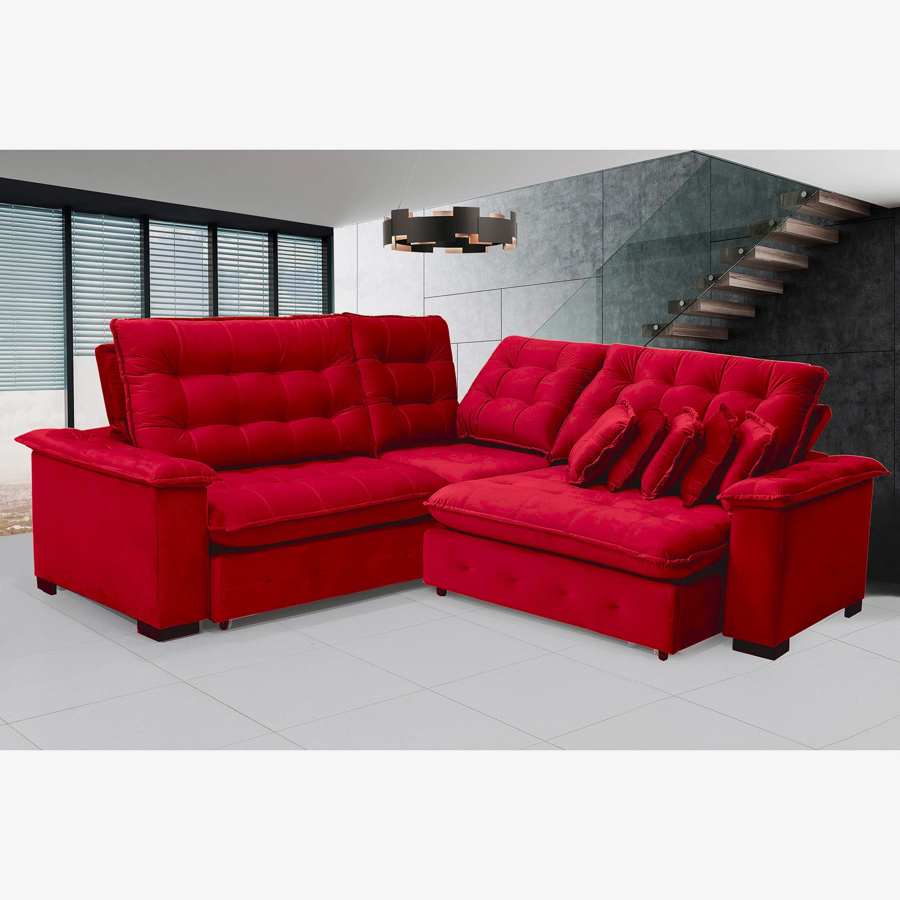 Sofá Manchester 2,63x2,63m de Canto, Retrátil e Reclinável - Vermelho
