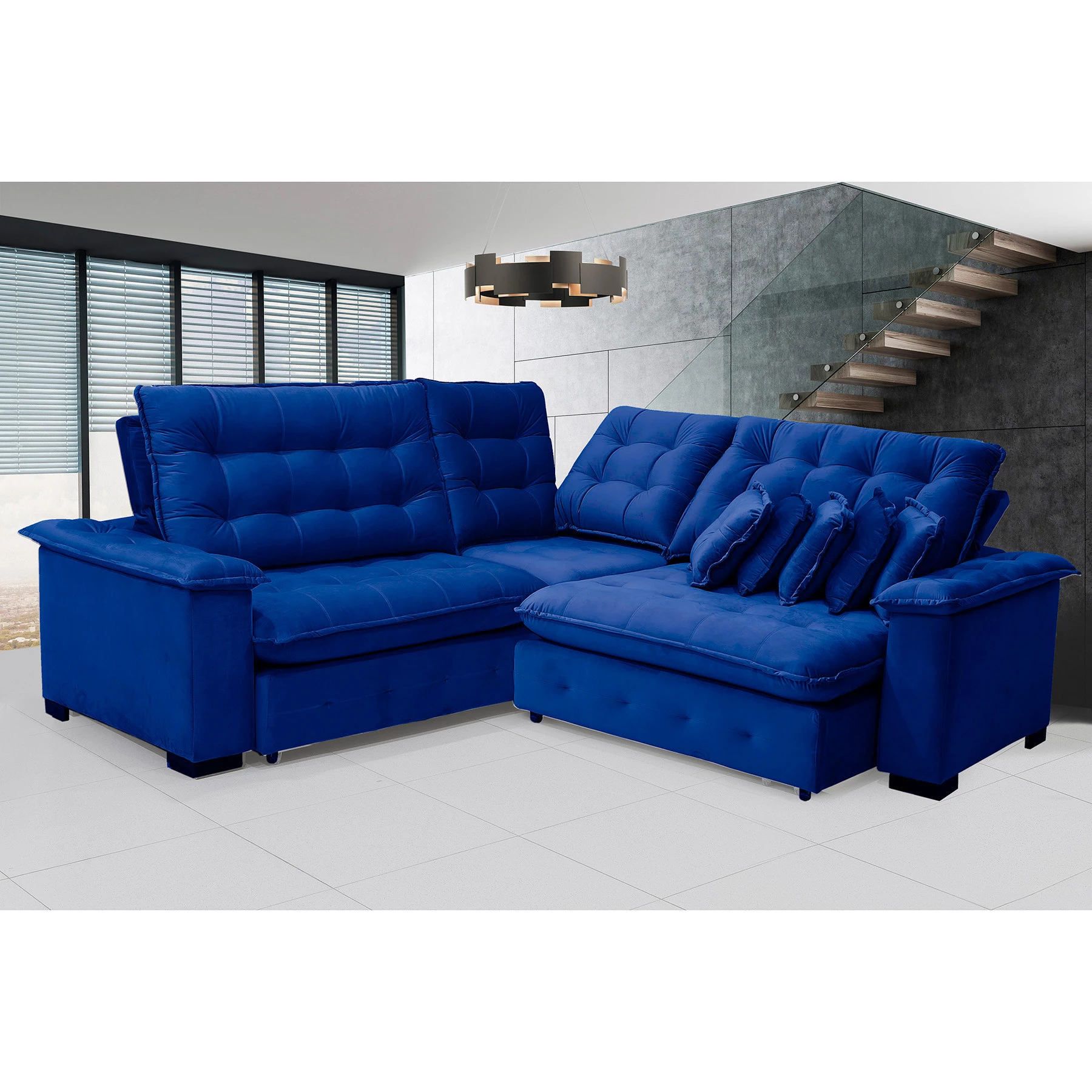 Sofá Manchester 2,63x2,63m de Canto, Retrátil e Reclinável - Azul