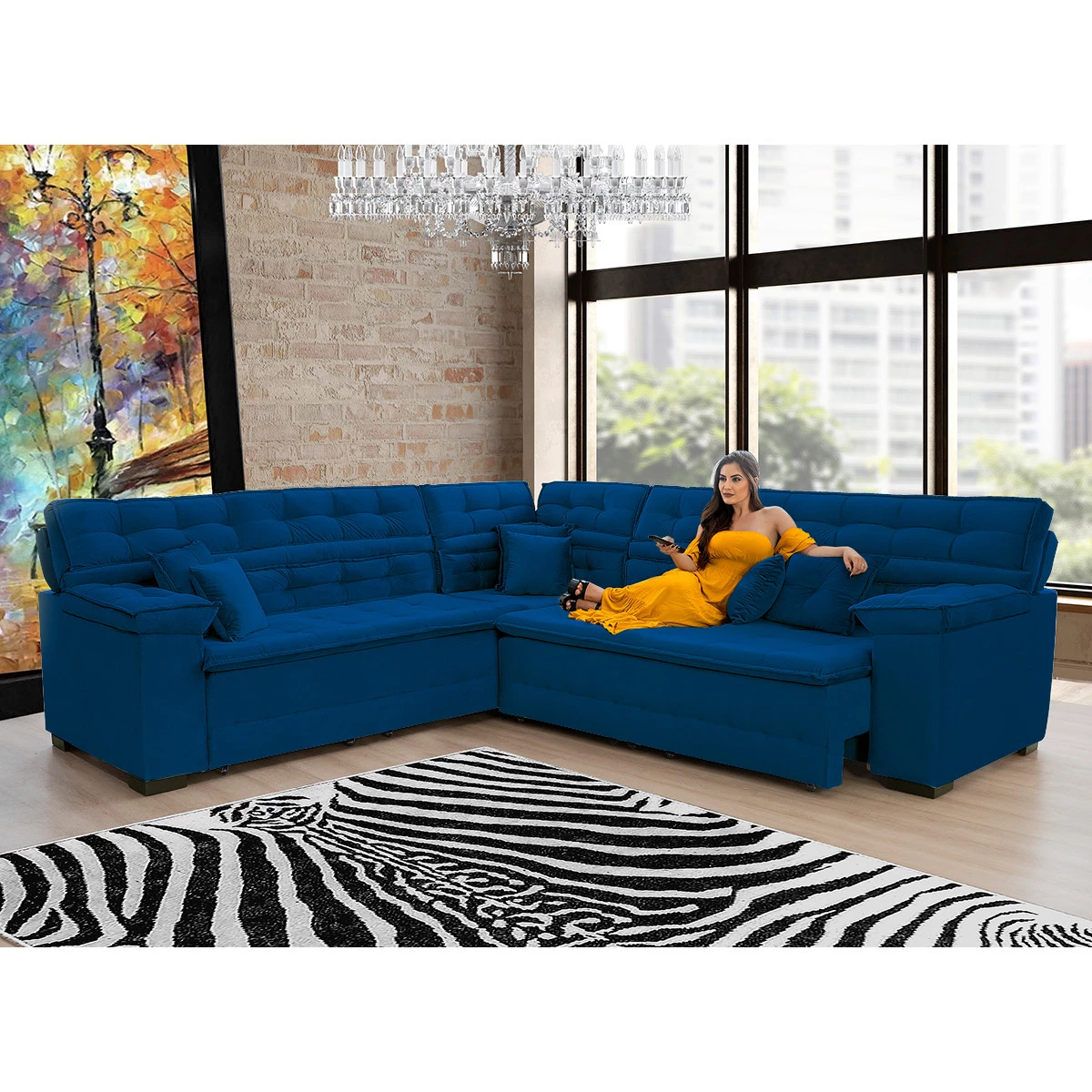 Sofá Magno 2,37x2,37m de Canto, Retrátil e Reclinável - Azul