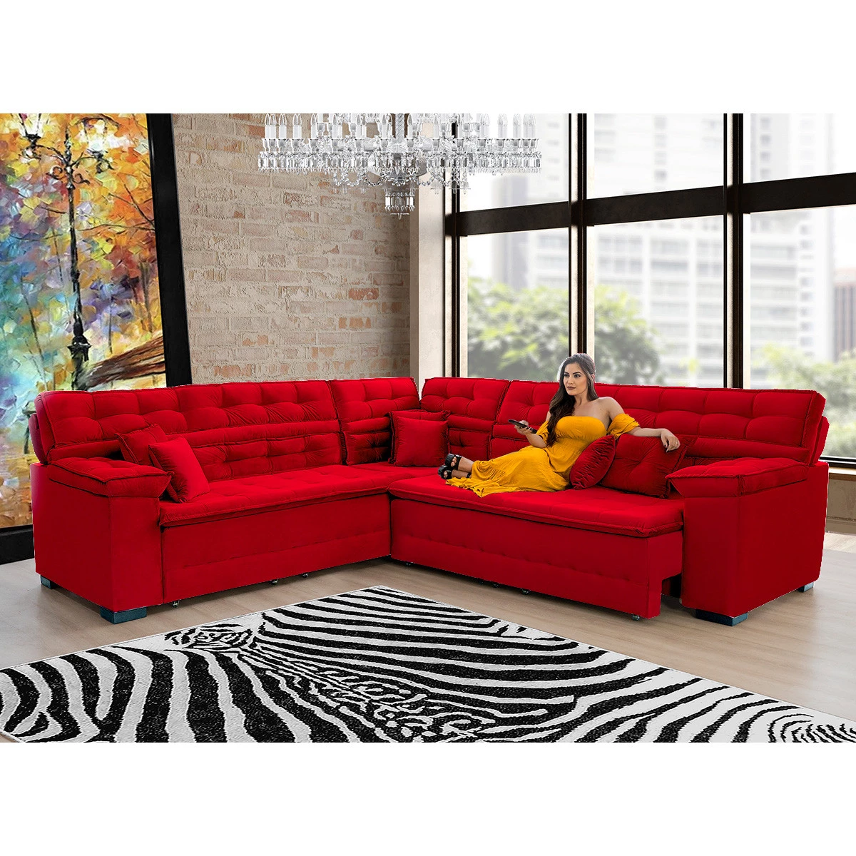 Sofá Magno 2,37x2,37m de Canto, Retrátil e Reclinável - Vermelho
