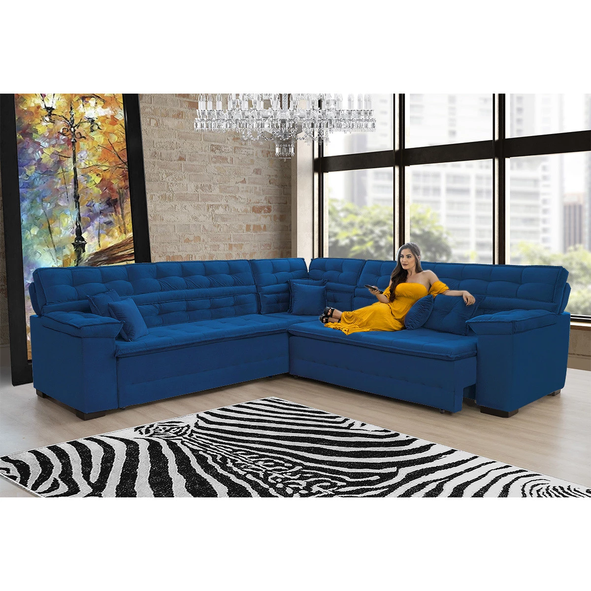 Sofá Magno 2,57x2,37m de Canto, Retrátil e Reclinável - Azul