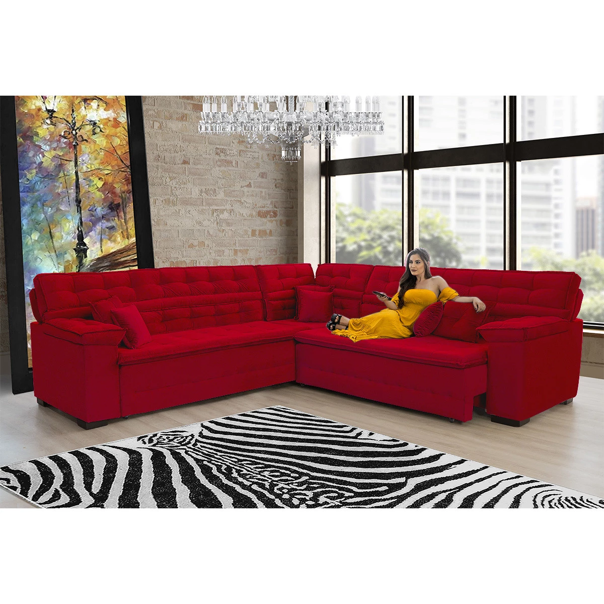 Sofá Magno 2,57x2,37m de Canto, Retrátil e Reclinável - Vermelho