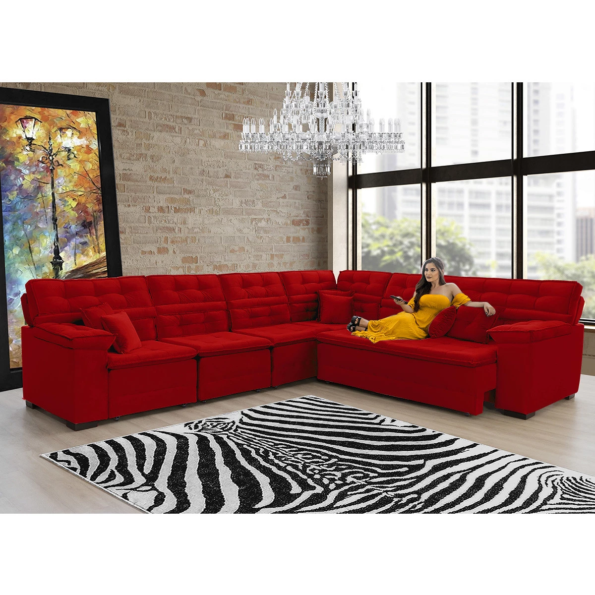 Sofá Magno 3,32x2,57m de Canto, Retrátil e Reclinável - Vermelho