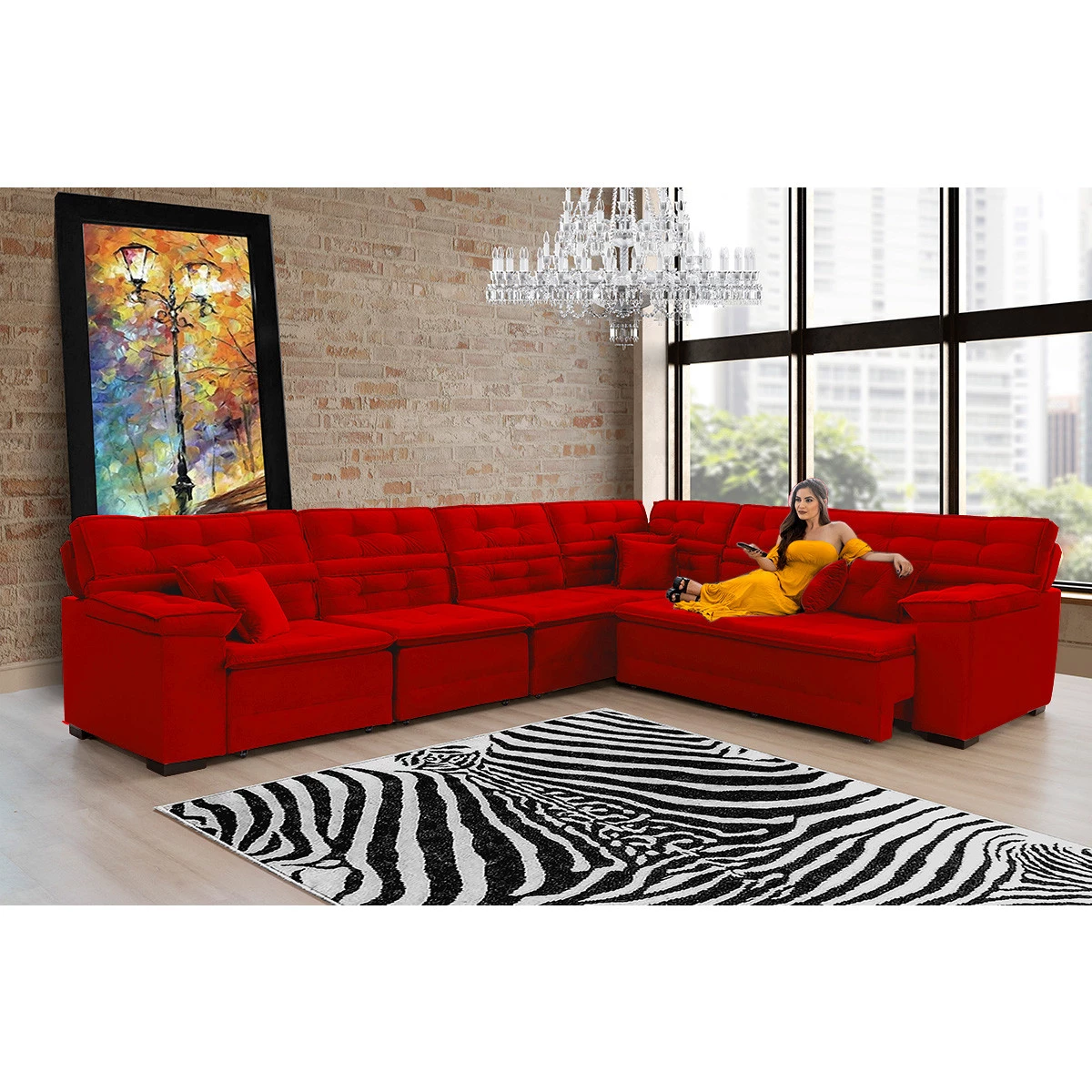 Sofá Magno 3,77x2,57m de Canto, Retrátil e Reclinável - Vermelho