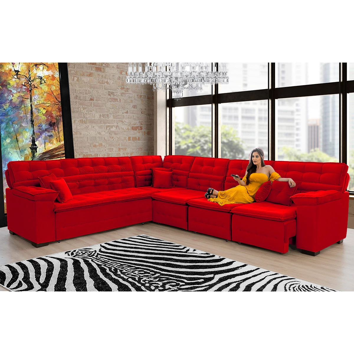 Sofá Magno 2,37x3,32m de Canto, Retrátil e Reclinável - Vermelho