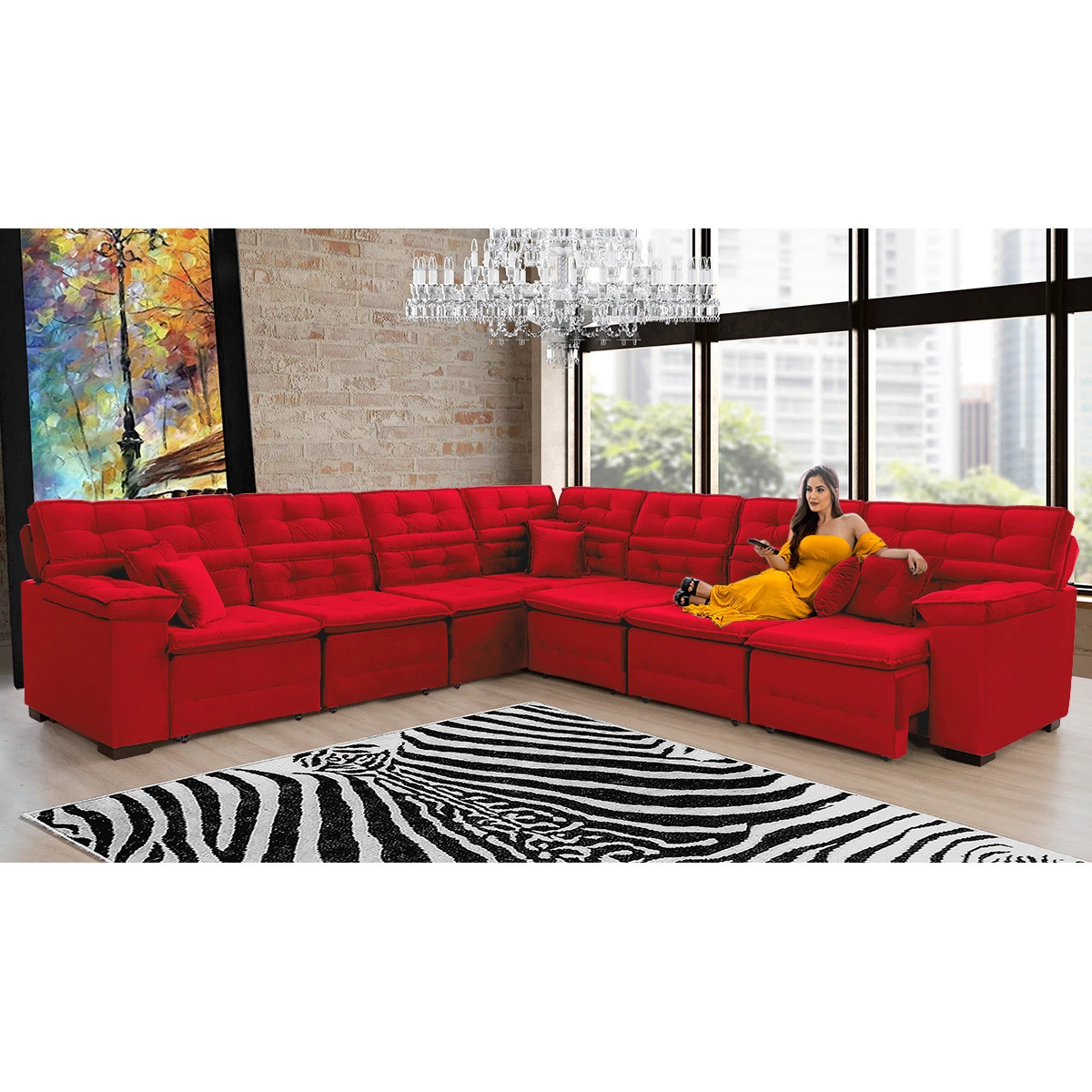 Sofá Magno 3,32x3,32m de Canto, Retrátil e Reclinável - Vermelho