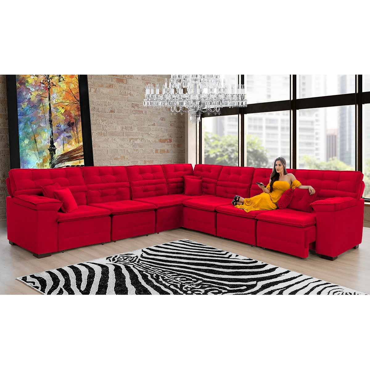 Sofá Magno 3,77x3,77m de Canto, Retrátil e Reclinável - Vermelho