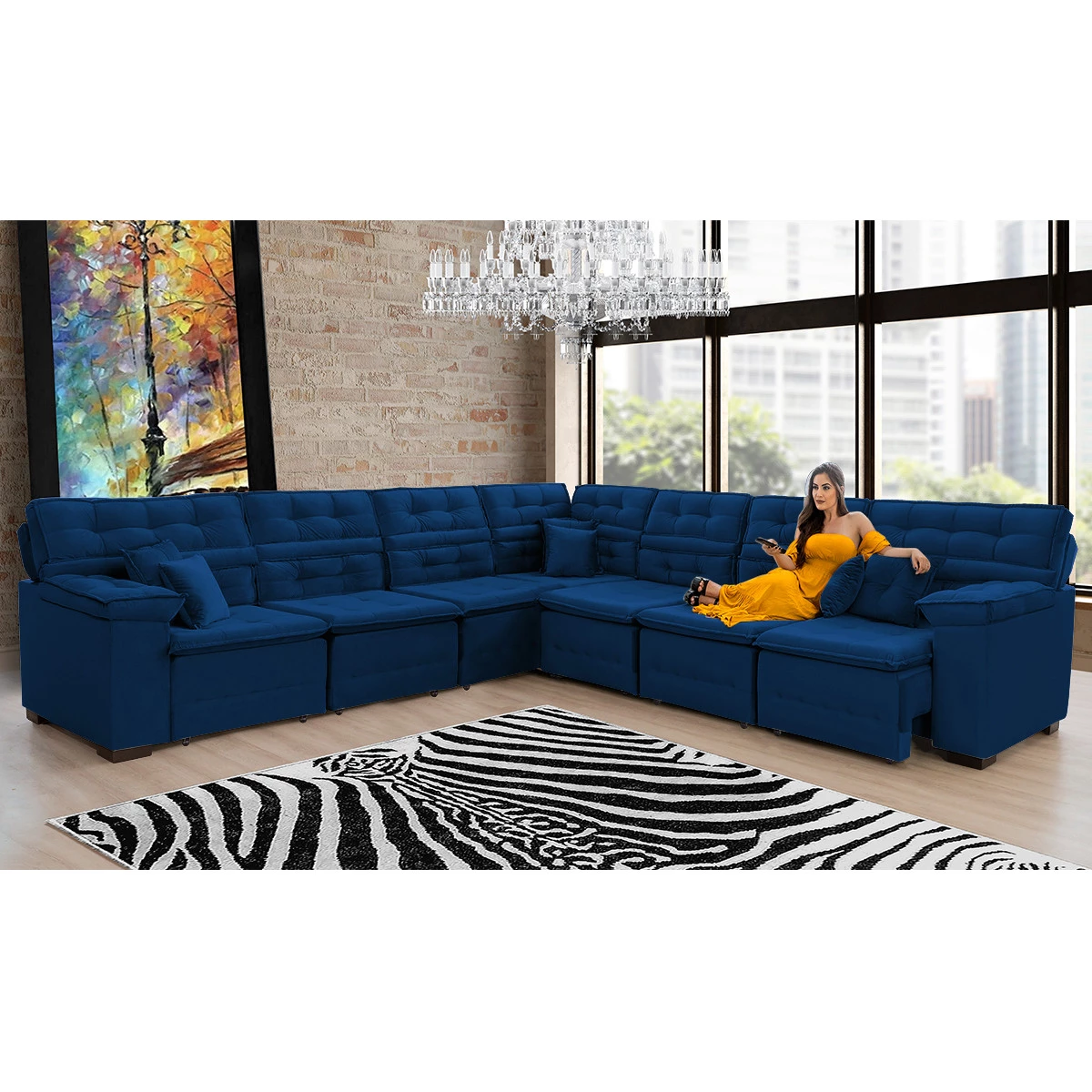 Sofá Magno 3,97x3,32m de Canto, Retrátil e Reclinável - Azul