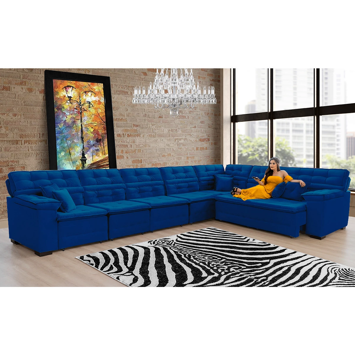 Sofá Magno 4,57x2,37m de Canto, Retrátil e Reclinável - Azul