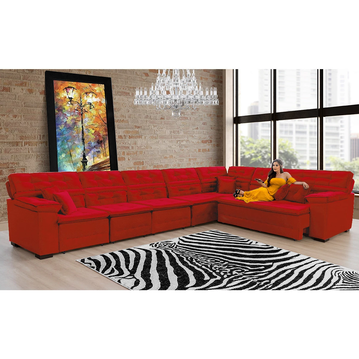 Sofá Magno 4,57x2,37m de Canto, Retrátil e Reclinável - Vermelho