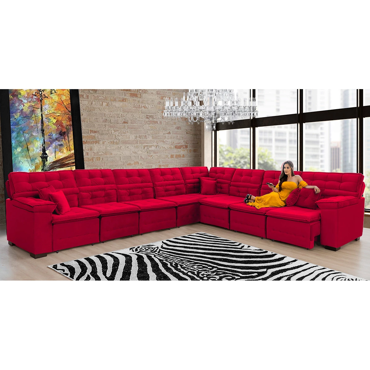 Sofá Magno 4,57x3,77m de Canto, Retrátil e Reclinável - Vermelho