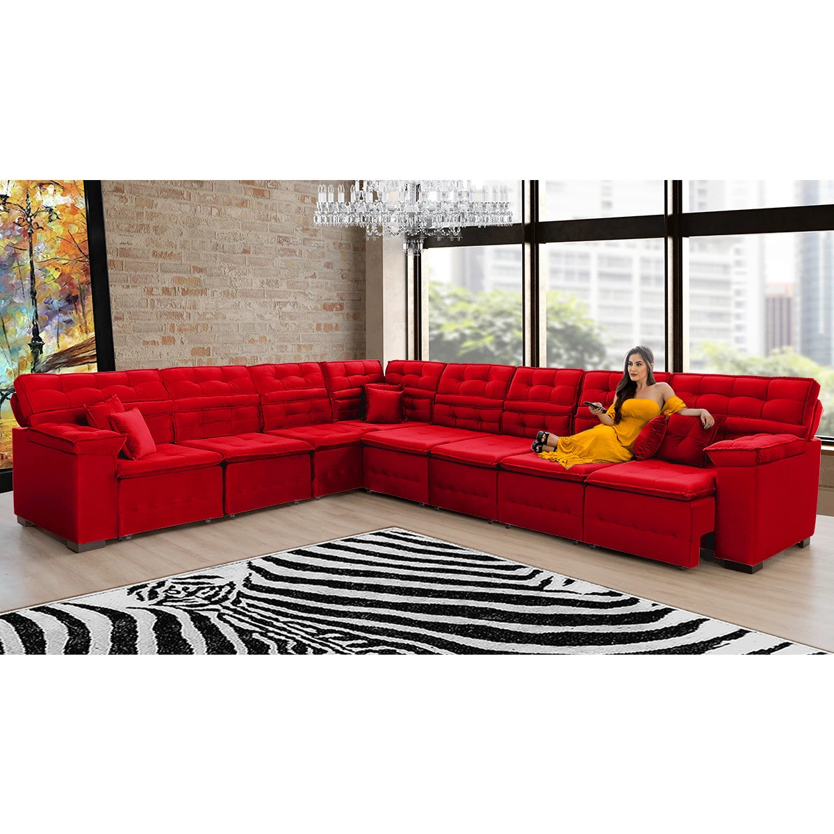 Sofá Magno 3,32x4,57m de Canto, Retrátil e Reclinável - Vermelho