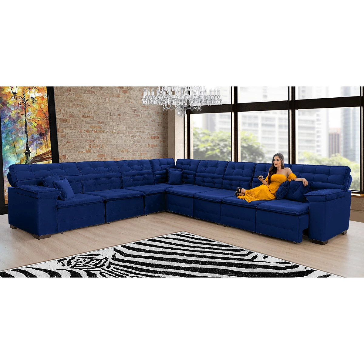 Sofá Magno 3,97x4,57m de Canto, Retrátil e Reclinável - Azul