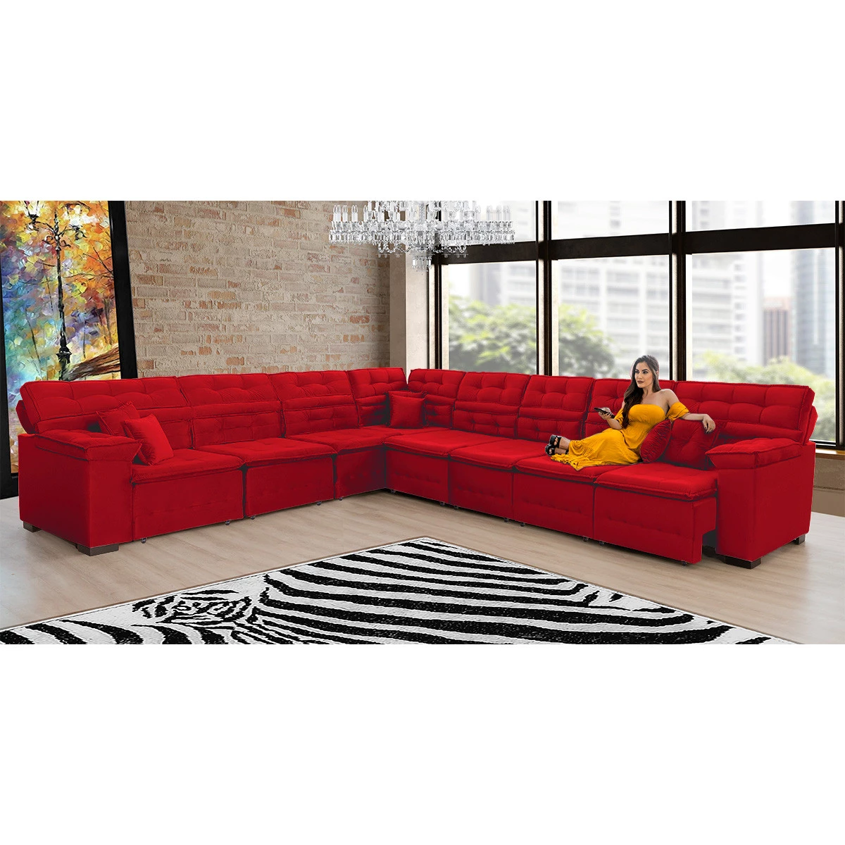 Sofá Magno 3,97x4,57m de Canto, Retrátil e Reclinável - Vermelho