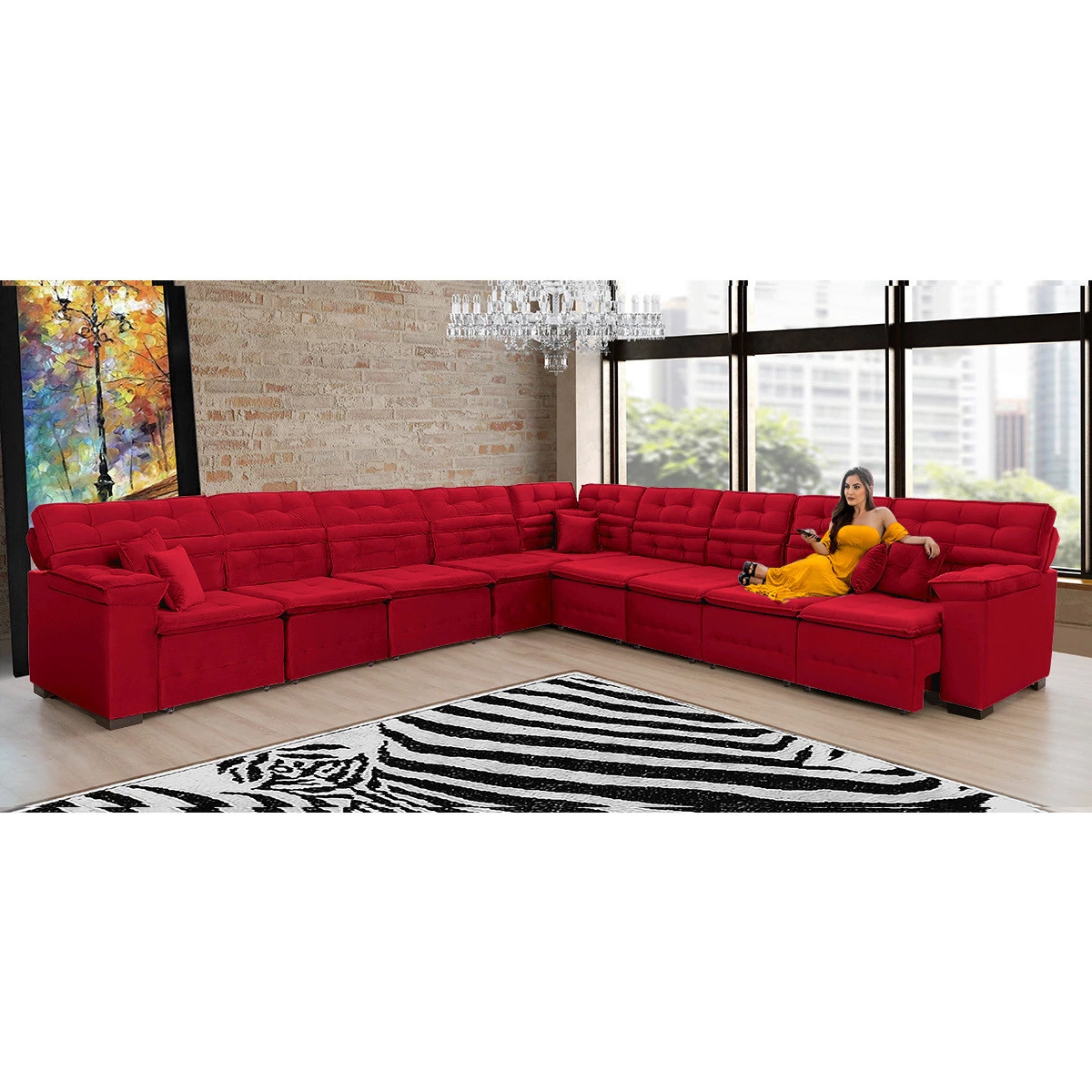 Sofá Magno 4,57x4,57m de Canto, Retrátil e Reclinável - Vermelho