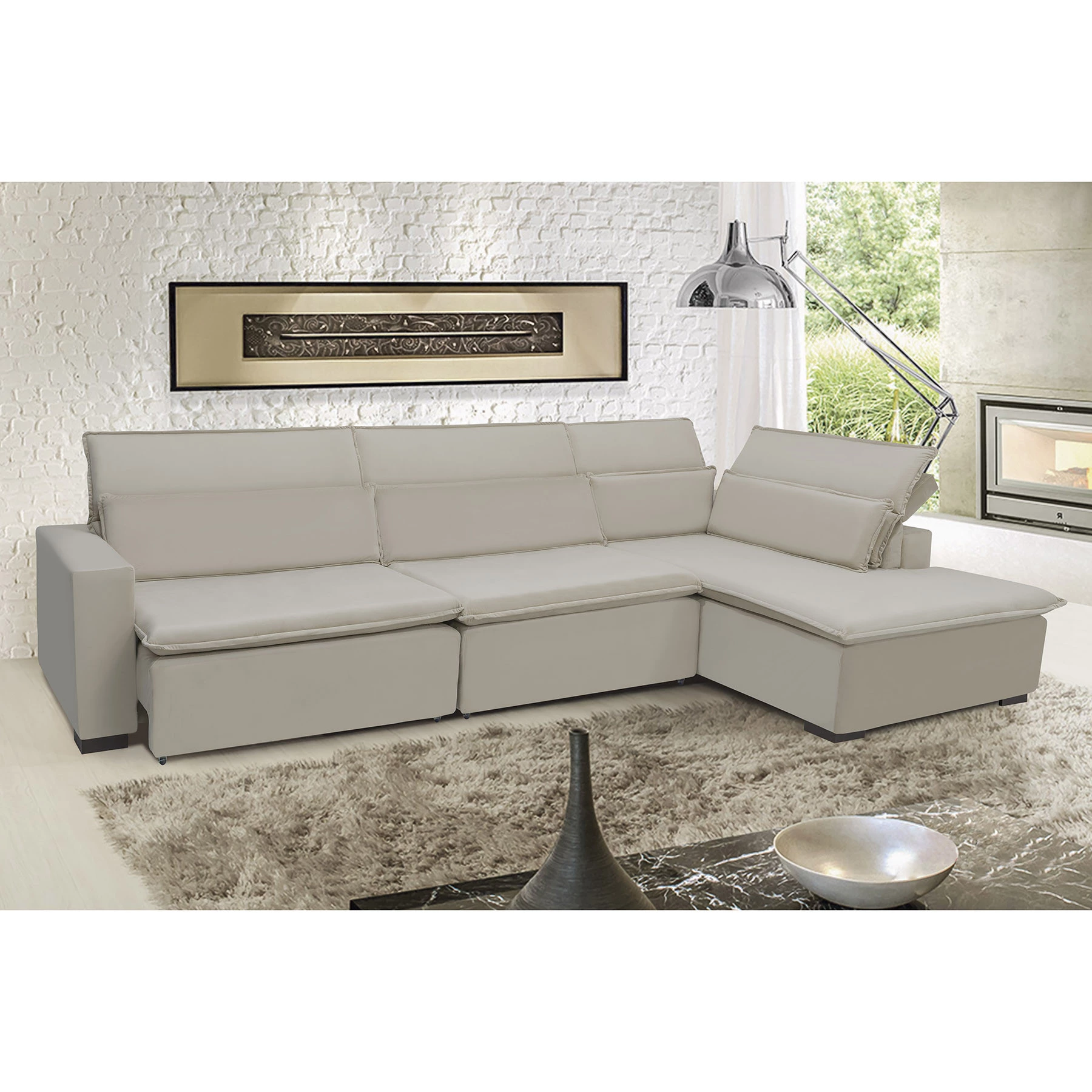Sofá Istambul 3,80x2,10m Retrátil e Reclinável com Chaise - Bege