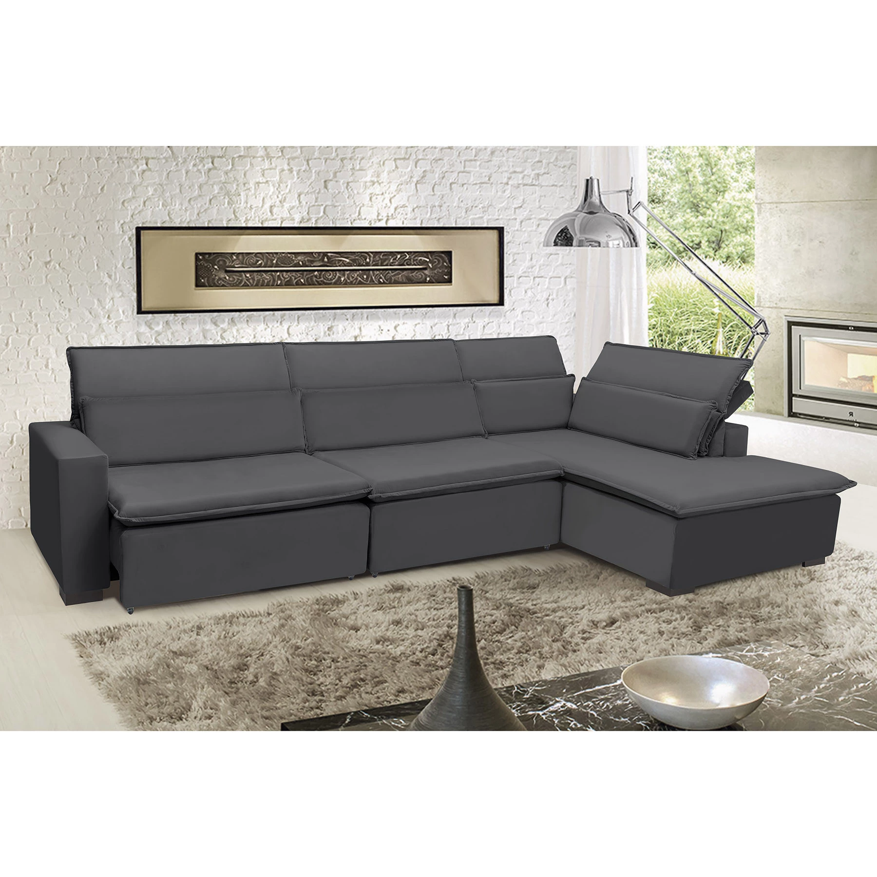Sofá Istambul 3,80x2,10m Retrátil e Reclinável com Chaise - Chumbo