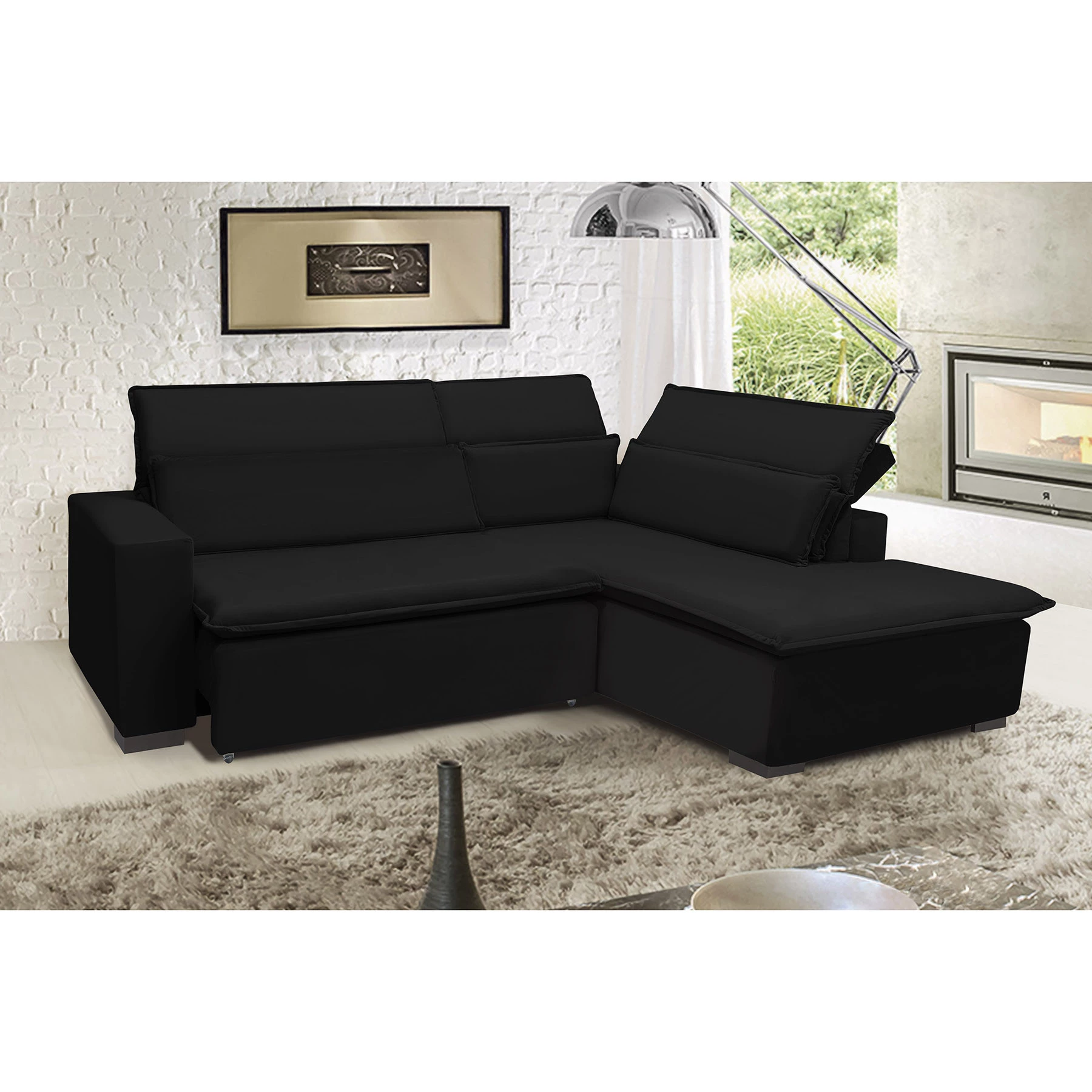 Sofá Istambul 2,60x1,90m Retrátil e Reclinável com Chaise - Preto